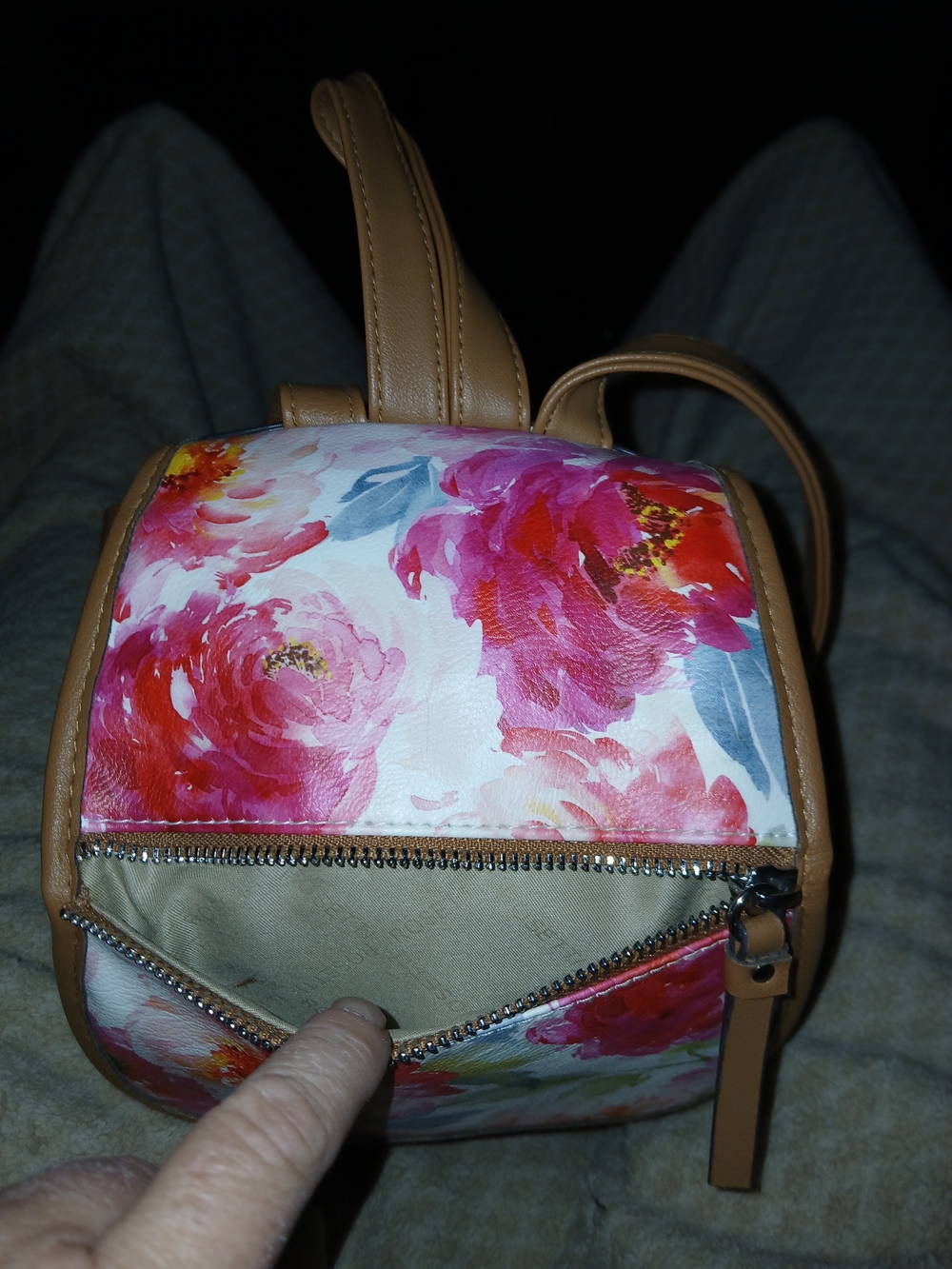 Rosetti Floral Backpack in Pink, White & Tan Trim - Picture 5 of 9